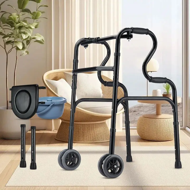 Stand Upright Walker for Adults with Seat Foldable Walking Aids Rehabilitation Equipment Walkers Crutch Chairs Bedside Commode