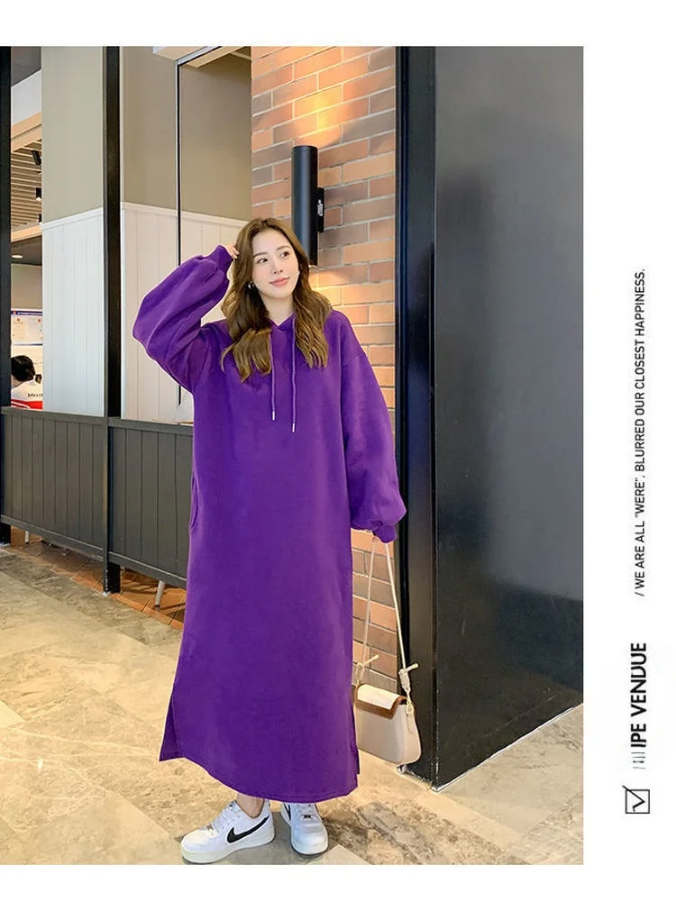 

plus Size Autumn Winter Fleece Lined Hooded Dress Women's Loose Fit Long Skirt Style Commute Fashion Korean Version Polyester...