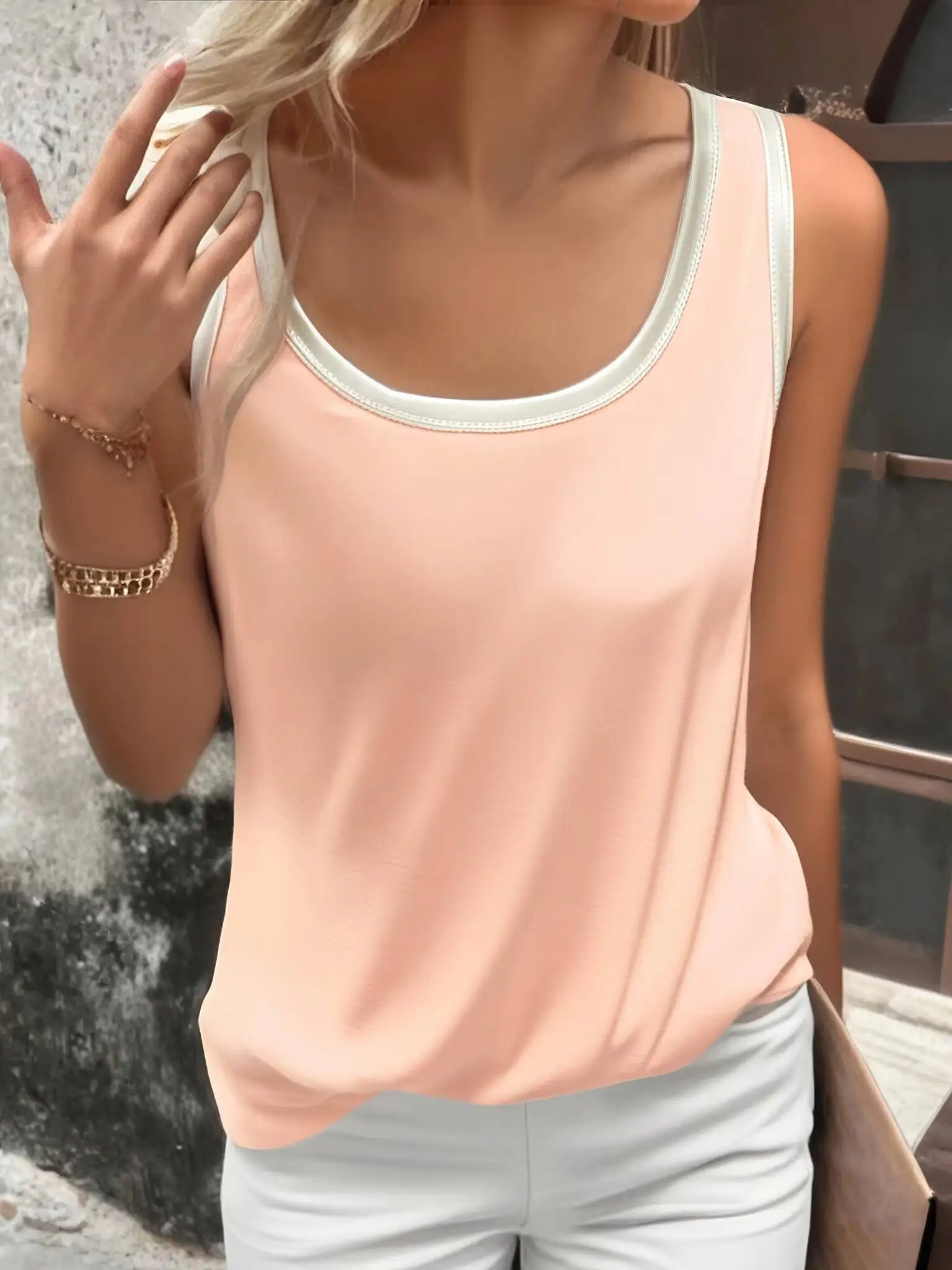 2024 New Women Tank Tops Summer Contrast Stitching O Neck Sleeveless Shirt Women's Top Elegant Clothes Summer Loose Tops