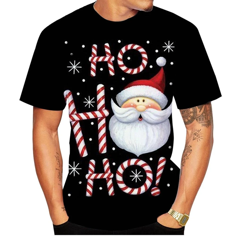 Homens e Mulheres Oversized Camisa de Natal, gola redonda, Tops de Manga Curta, 3D Elemento X\'mas Impressão de Moda