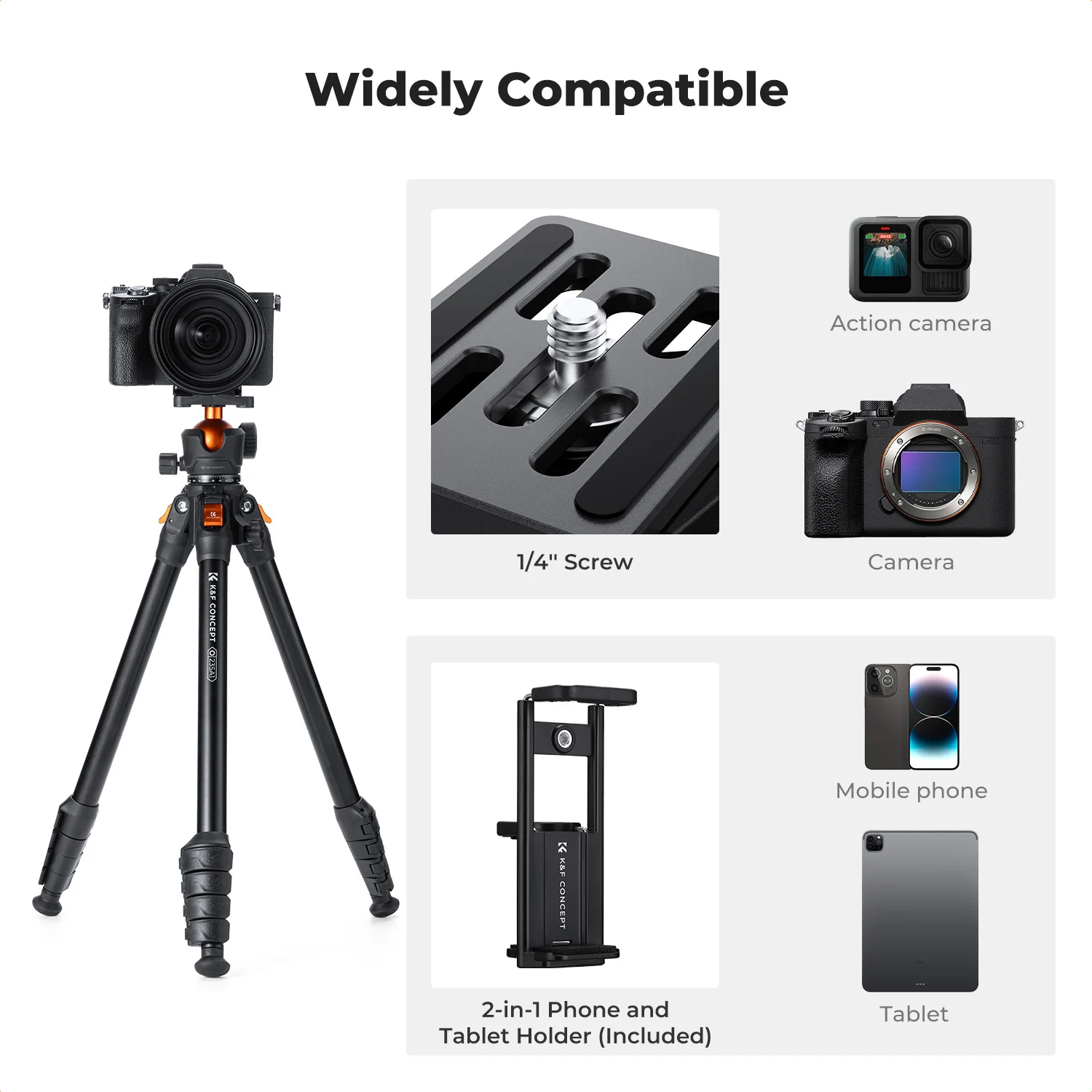 

K&F CONCEPT 63" Aluminum Travel Tripod for Camera Phone Holder Lightweight Compact Tripod for Camera DSLR Scope Camcorders Phone