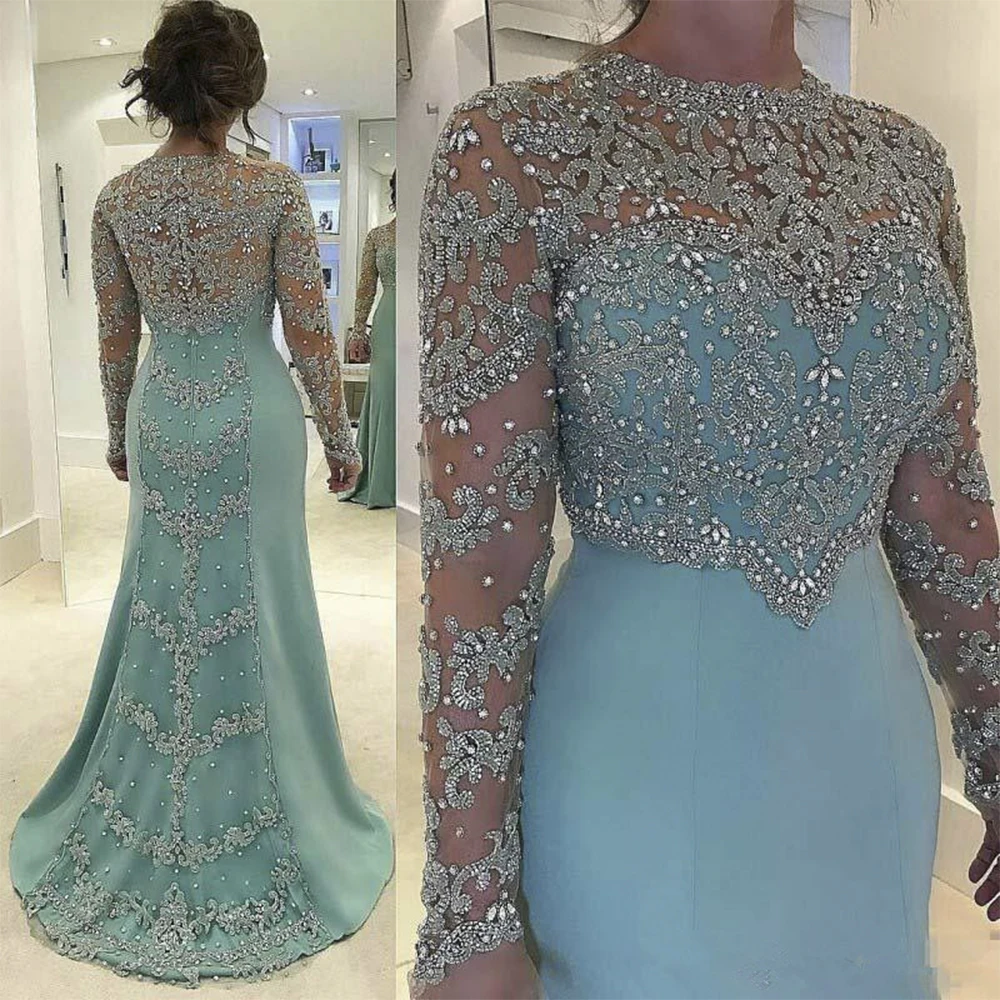 

Rhinestones Beaded Appliques Mother of the Bride Dresses Mint Green Mermaid Wedding Dress Long Sleeve Formal Evening Gowns