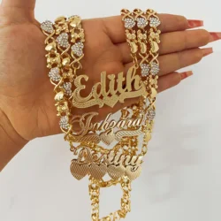 Personalized  Teddy Bear Chain Name Necklace with Diamond 3D Double-layer Nameplate DIY Custom Name Necklace Golden Women's Gift