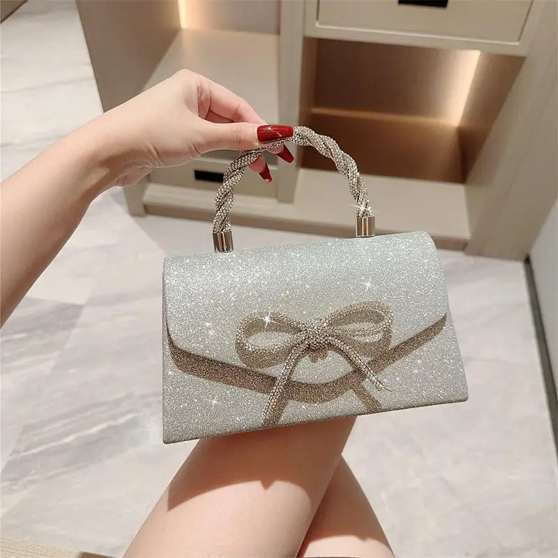 Rhinestone Evening Clutch Bag Glitter Bow Shoulder Purse Gold Silver Black Chain Crossbody Bag Luxury Women Handbag Party