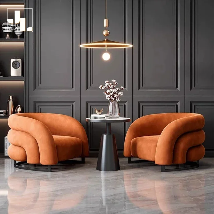 Modern hotel orange velvet single sofa chair living room bedroom simple wood frame upholstered leisure armchair furniture