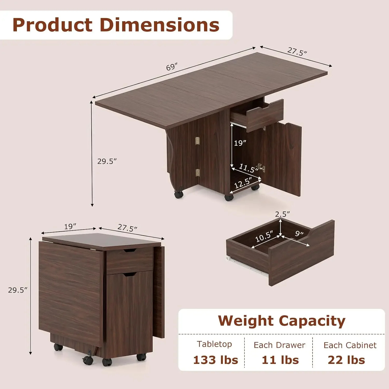 3-in-1 Folding Dining Table for 4-6, 69-Inches Drop Leaf Kitchen Table with 2 Drawers and 2 Cabinets, Lockable Wheels
