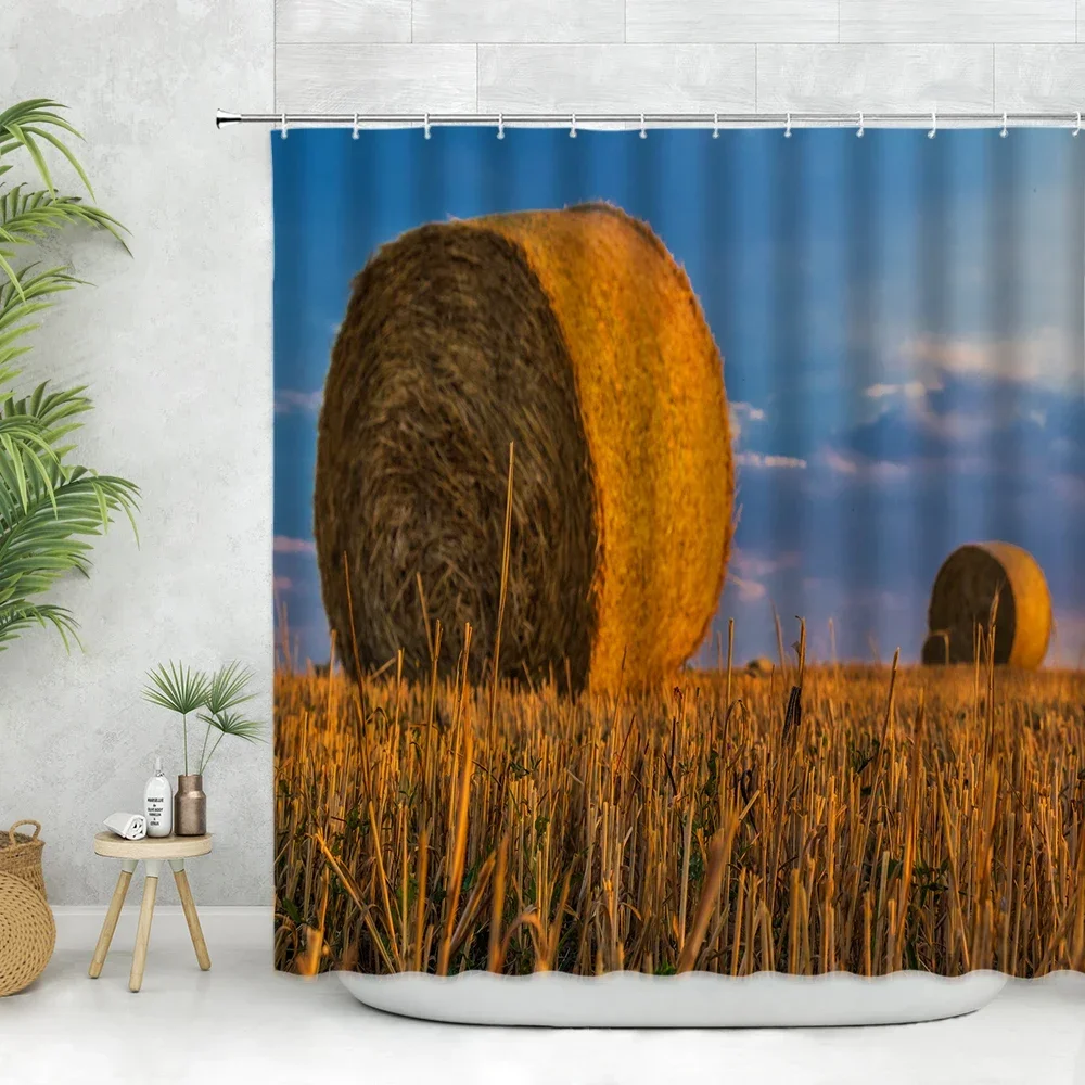 Farm Haystack Shower Curtain Autumn Harvest Season Wheat Field Natural Landscape Rural Fabric Decoration Bathroom Curtain Hooks