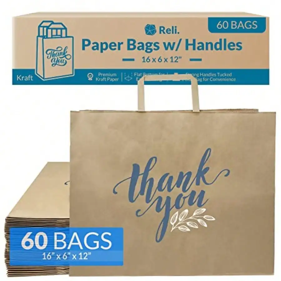

GSYY Reli. Бумажные пакеты Shong с ручками, 60 шт., большие, 16x6x12 дюймов, крафт-бумага, коричневые, с напечатанным текстом «Спасибо», для еды на вынос