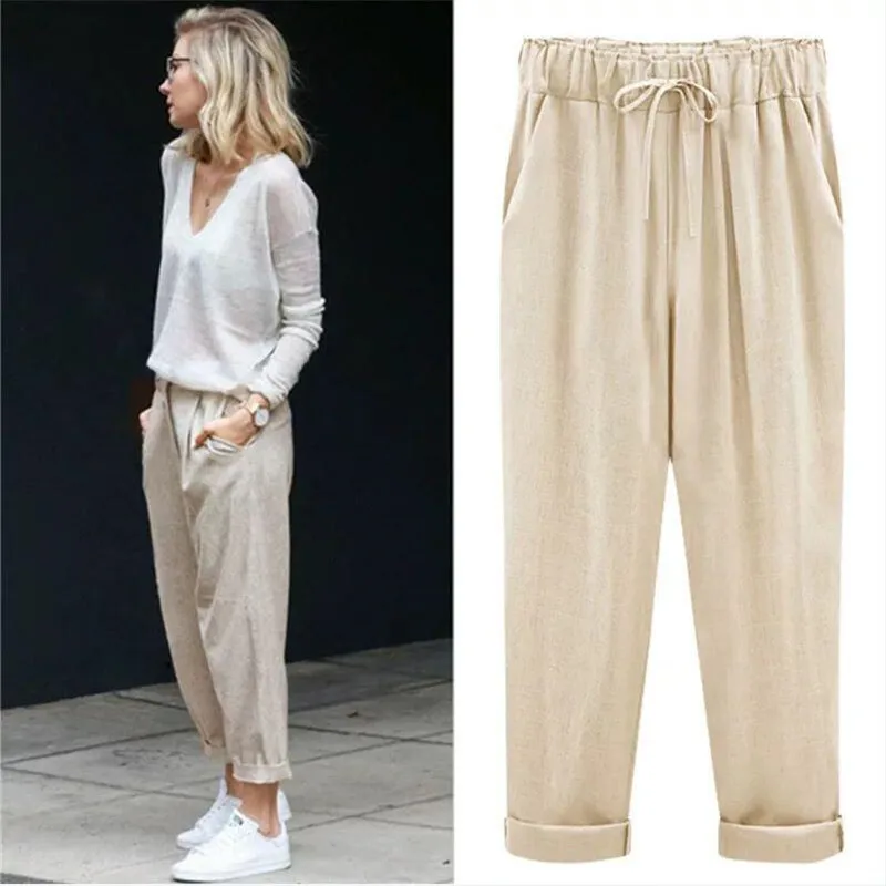 Pantalones holgados de lino y algodón para mujer, calzas suaves y ajustadas hasta el tobillo, estilo Harem, sencillos y elegantes, para oficina, para verano, 2024