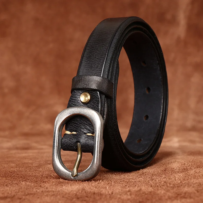 

2.8cm Wide Retro Thickened Top Layer Cowhide Belt, Women's Genuine Leather, Simple And Casual, Versatile Stainless Steel Belt