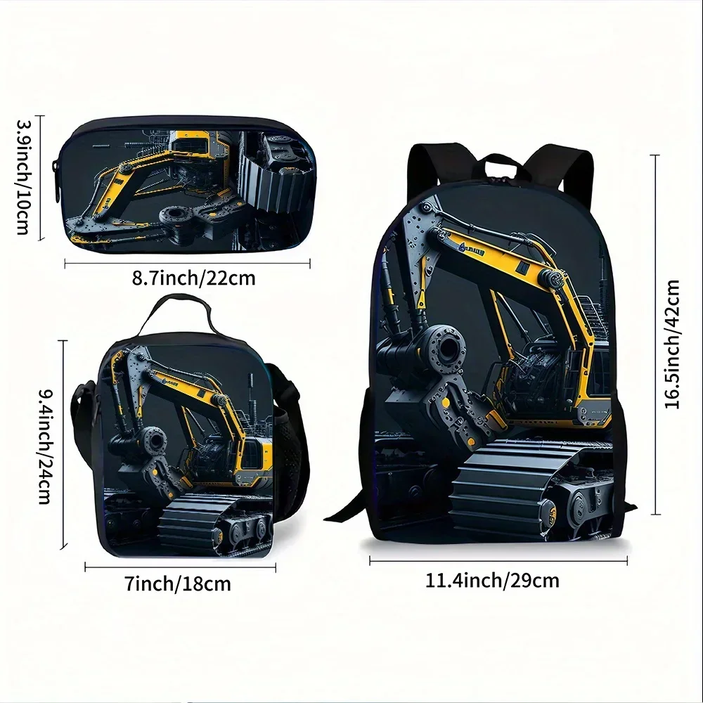 Custom Custom Excavator Backpack 1/ 3pcs, Including Backpack Lunch Box And Pencil Bag, Suitable For Daily School, Mountain Climb