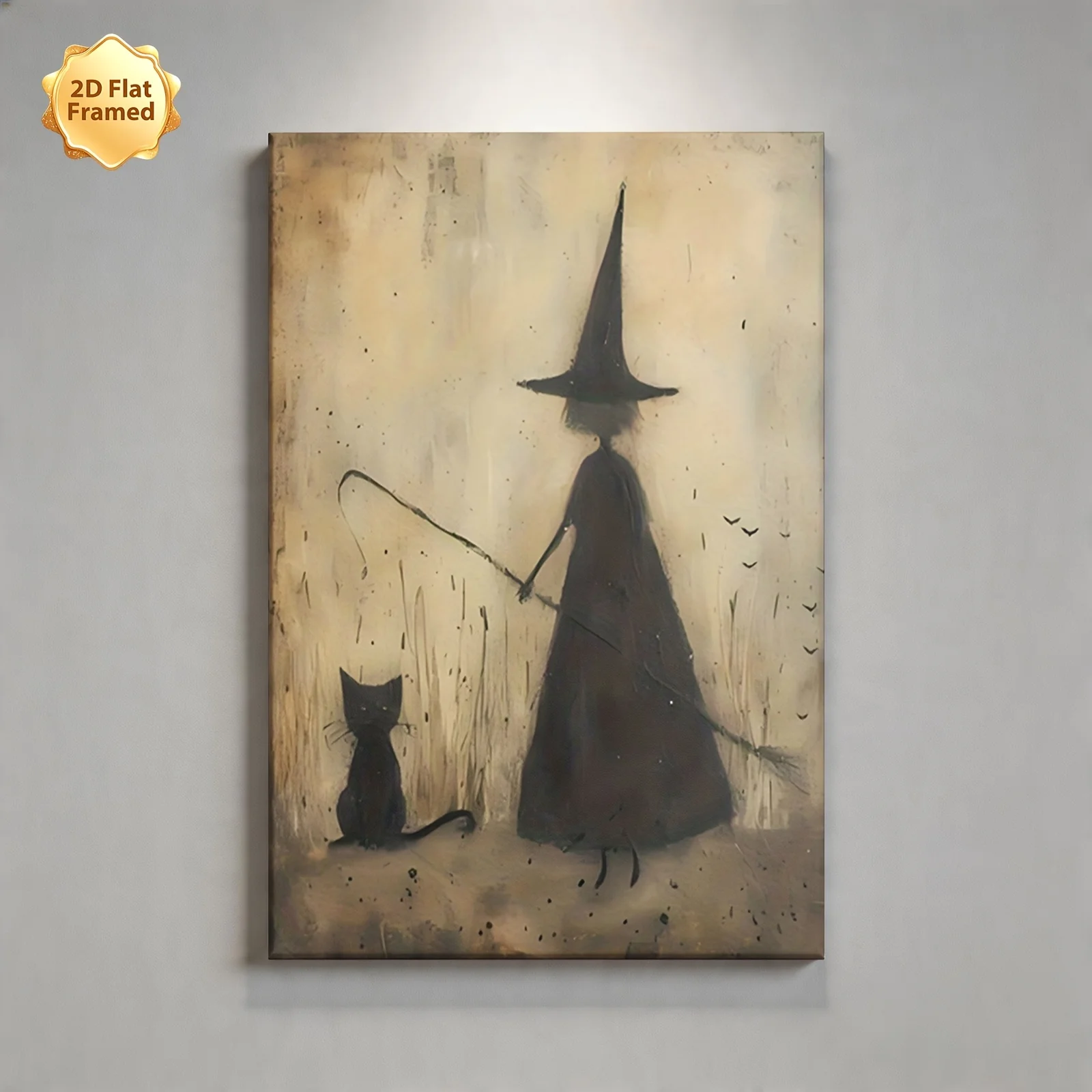 (No frame)2D Flat, 1pc, Framed 2D Flat Canvas Print, Witch with Broom & Black Cat, Ideal for Decorating Living Room, Bedroom,
