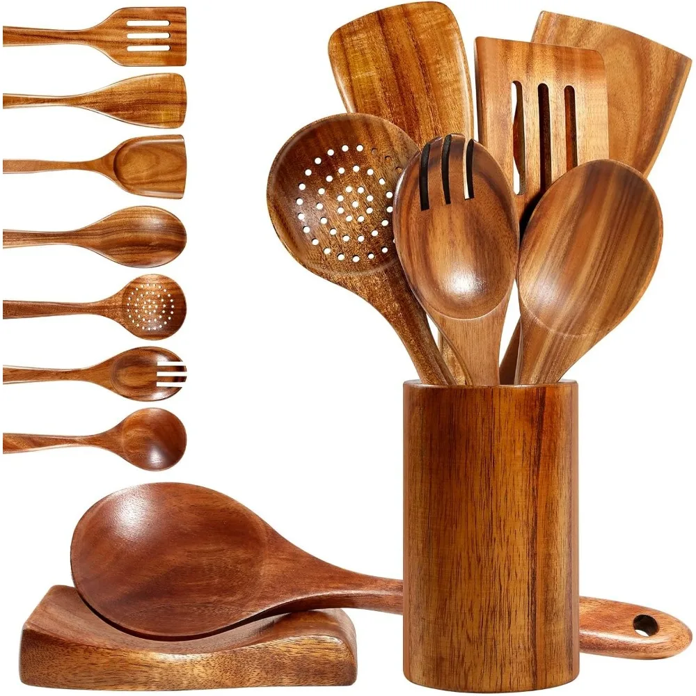 

wooden spoons for cooking, 9-piece natural teak wooden kitchen utensil set comfort grip cooking spoons and utensils holder