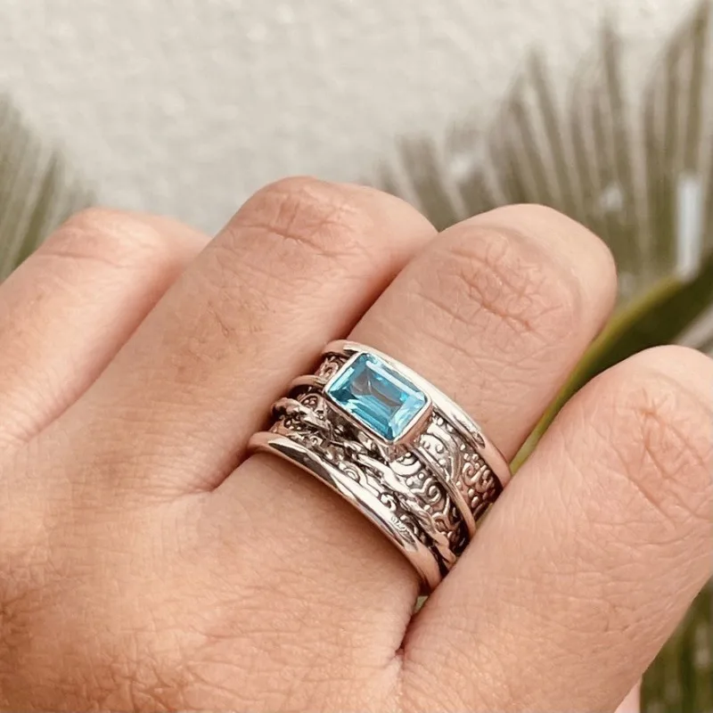 New set aquamarine ring women's holiday gift anniversary versatile catwalk jewelry