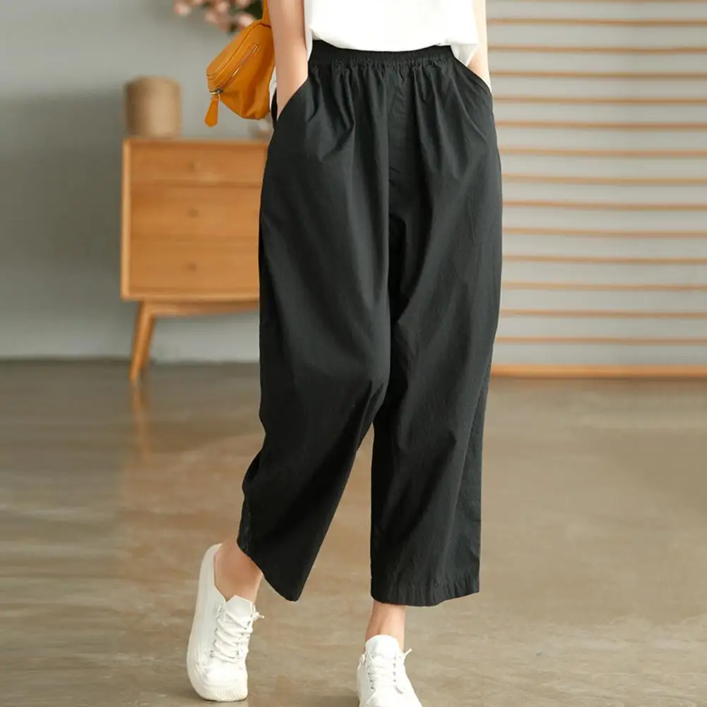 

Loose Fit Trousers with Pockets Elastic High Waist Women's Casual Pants with Pockets for Work Leisure Loose Fit Solid Color