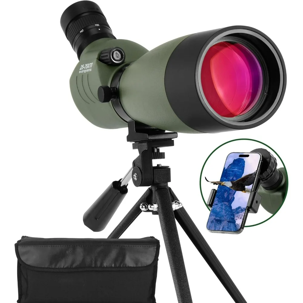 

Spotting Scope with Tripod Phone Adapter 25-75 X 70 BAK4 Monocular Telescope 45 Degree Angled Waterproof Compact Spotting Scopes