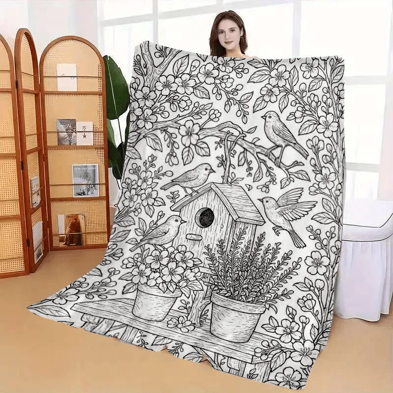 1pc DIY Coloring Flower Bird Flannel Blanket. Soft Warm Fabric for Sofa Office. Relax Art Blanket as Gift for Thanksgiving Hallo