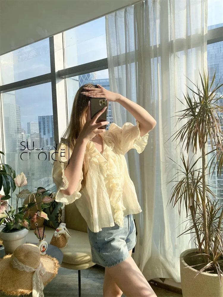 

Susan Sweet Yellow Blouse French Sle Loose Bubble Sve Cotton ort Sve irt Women's Faion Spring Summer Top