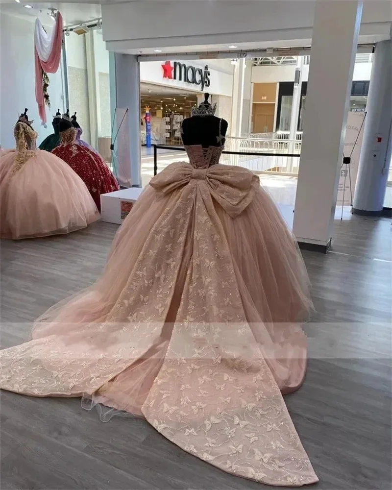 Rosa Prinzessin Quince anera Kleid Ballkleid 3d Bogen Schmetterling funkelnd Perlen süß 16 Vestidos de 15 Anos Geburtstags feier Kleider