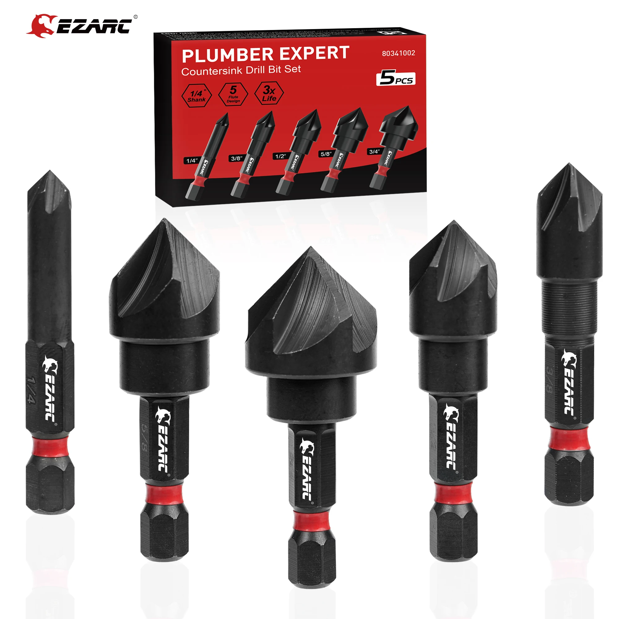 EZARC 5PCS Countersink Drill Bit Set for Metal, 1/4 Inch Hex Shank Countersunk Bits 82 Degree 5 Flute, 1/4” 3/8” 1/2” 5/8” 3/4”