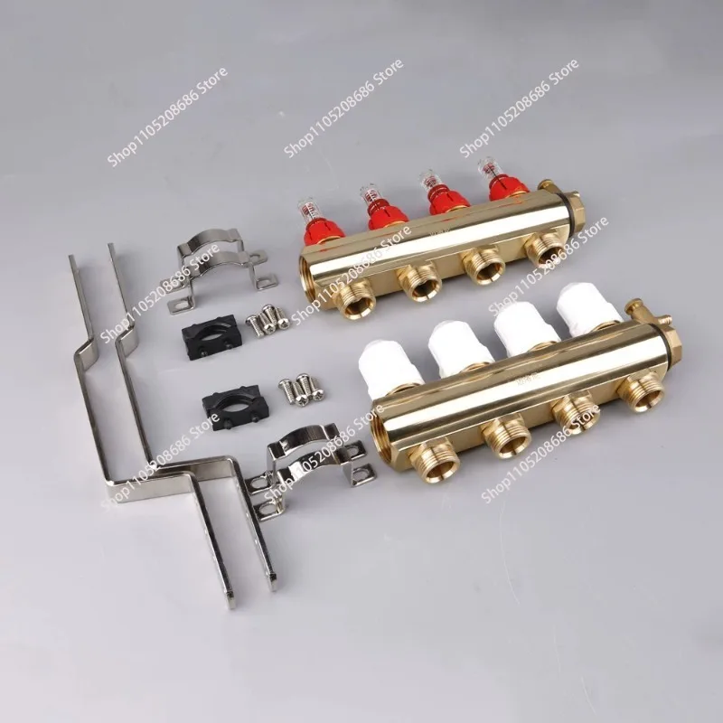Brass profile floor heating manifold with visual float flow meter and adjustable temperature control