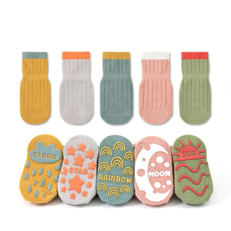 5 pairs of children's socks solid color striped rubber anti slip newborn baby floor socks cotton girls baby socks