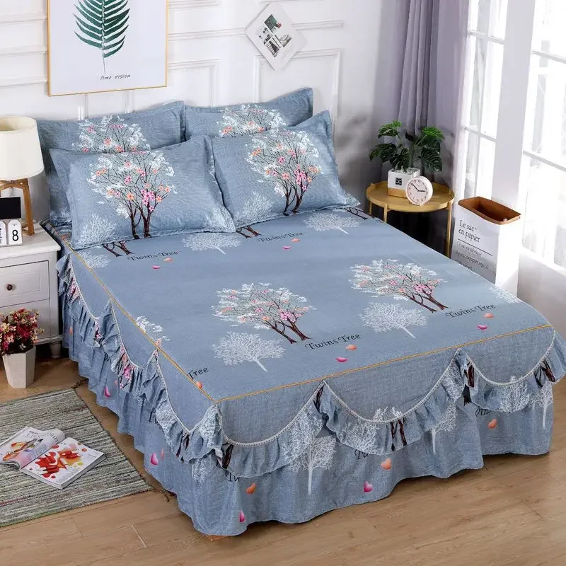 3PCS/Lot Bedspread Dress Set RUFFLES Bed Sheets King/Queen Size Home Non-Slip Cover Flat Sheet 1.5/1.8/2M Bed Soft Bedding