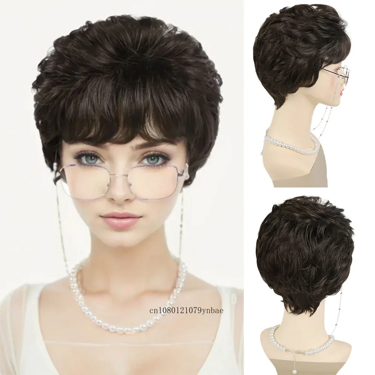 Black Curly Wigs Synthetic Short Wig with Bangs for Women Older Grandma Costume Set 4 Pcs Glasses Chain Necklace Daily Cosplay