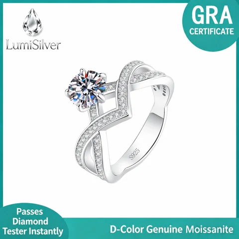 Round Moissanite Engagement Ring Crown V-Shaped Design 925 Sterling Silver GRA Certified Pave Wedding Promise Ring