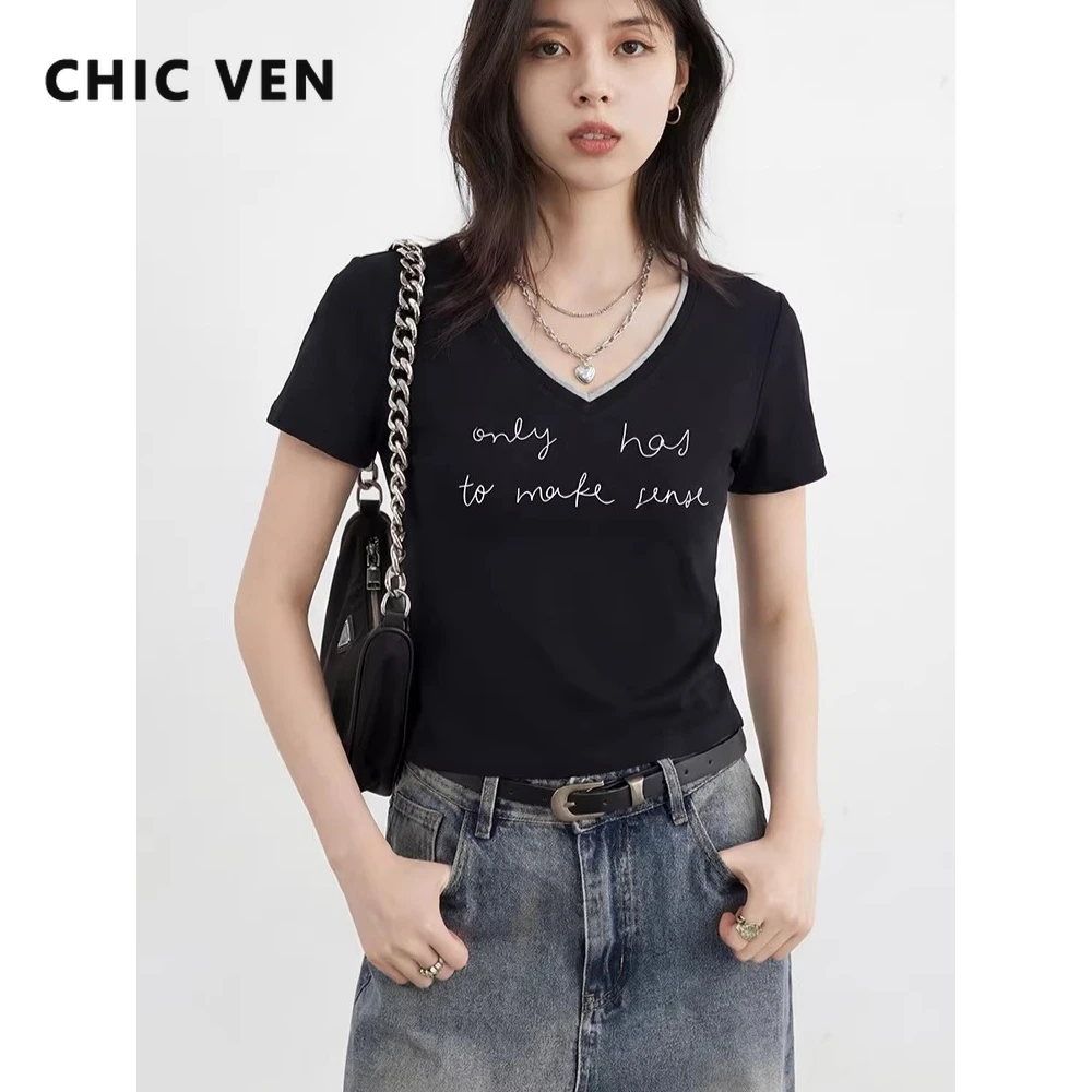 CHIC VEN Women T-Shirts New V-neck Loose Letter Printed Short Sleeved Tees Cool Sunscreen Short T-shirt Spring Summer 2026