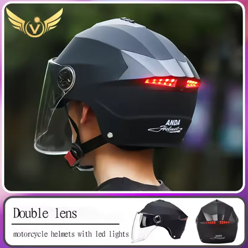 Best Seller Motorcycle Helmets With Led Lights Moped Helmet Electric Scooter for Men Women With Double Visor Rechargeable Helmet