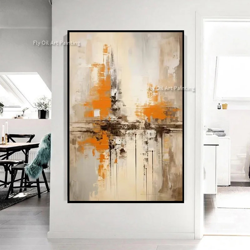 Original Hand Painted Neutral Orange Abstract Canvas Painting, Vertical Modern Home Textured Oil Artwork