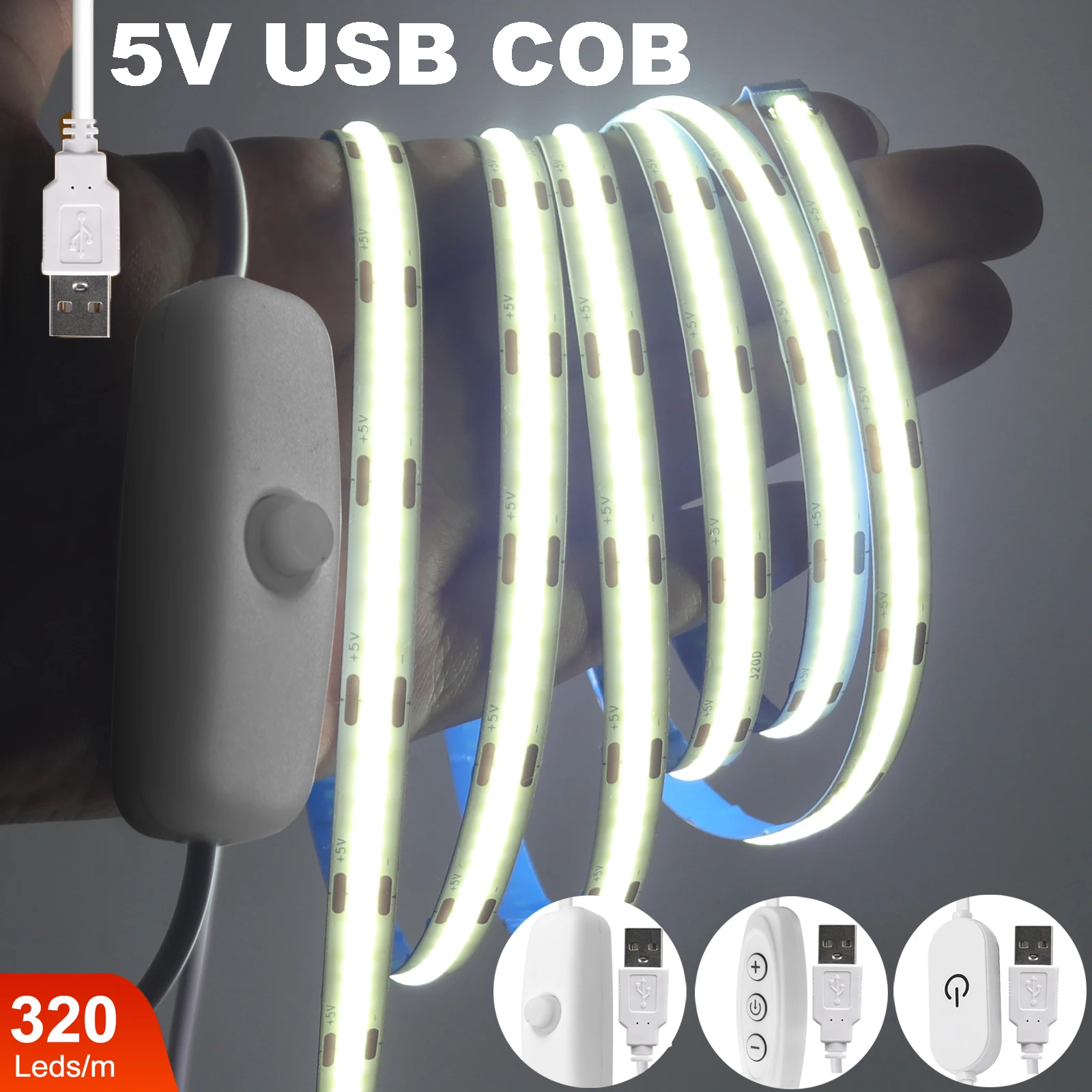 USB COB LED Strip Light 5V 320LEDs/M Touch Dimmable Lamp Tape 8mm Width DIY Cabinet TV Backlight for Kitchen Room Night Lighting