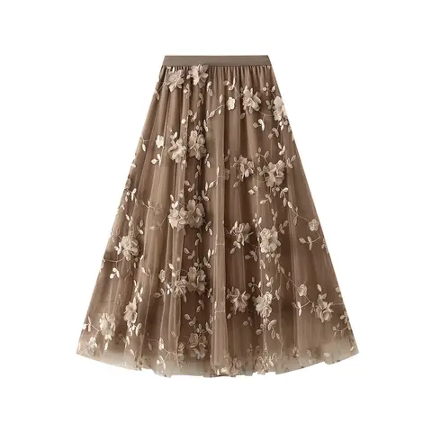 2025 Women High Waist Midi Skirt Elegant Floral Embroidery Mesh Midi Skirt with Double Layered Tulle High Waist A-line for Women