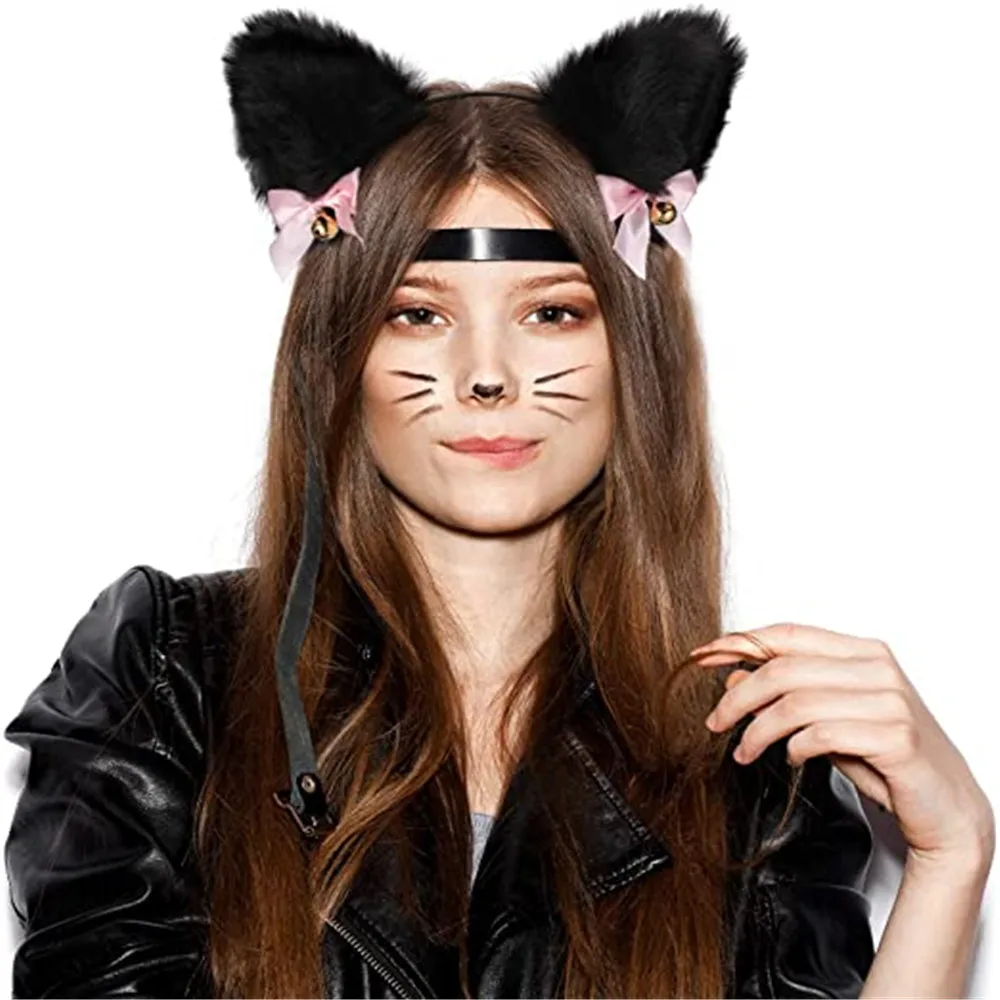 2 Pcs Plush Cat Ear Headband Make Up Fancy Dress With Bells Headwear Cute Furry Cat Ears Cosplay Hairband Costume Party