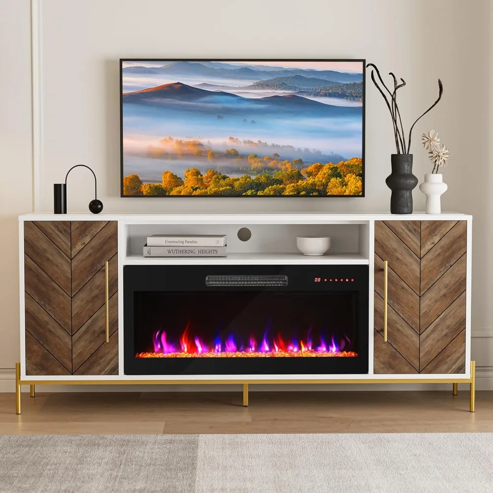68 Wood TV Stand with 36 Electric Fireplace, Entertainment Center with Storage Cabinet, Console Table for TVs up to 75 I