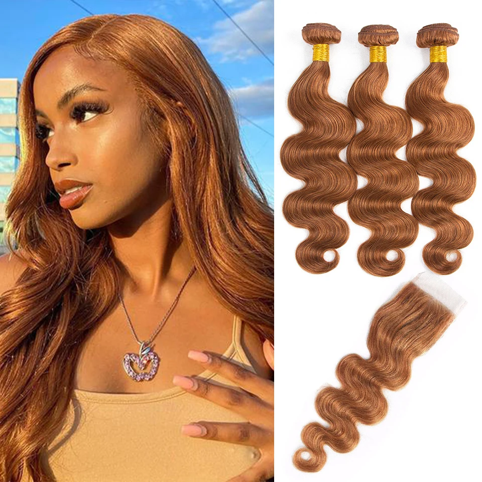 Gold Brown Body Wave Human Hair Bundles with Closure Brazilian Color 30 Remy Human Hair Bundles with 4x4 Lace Closure Free Part