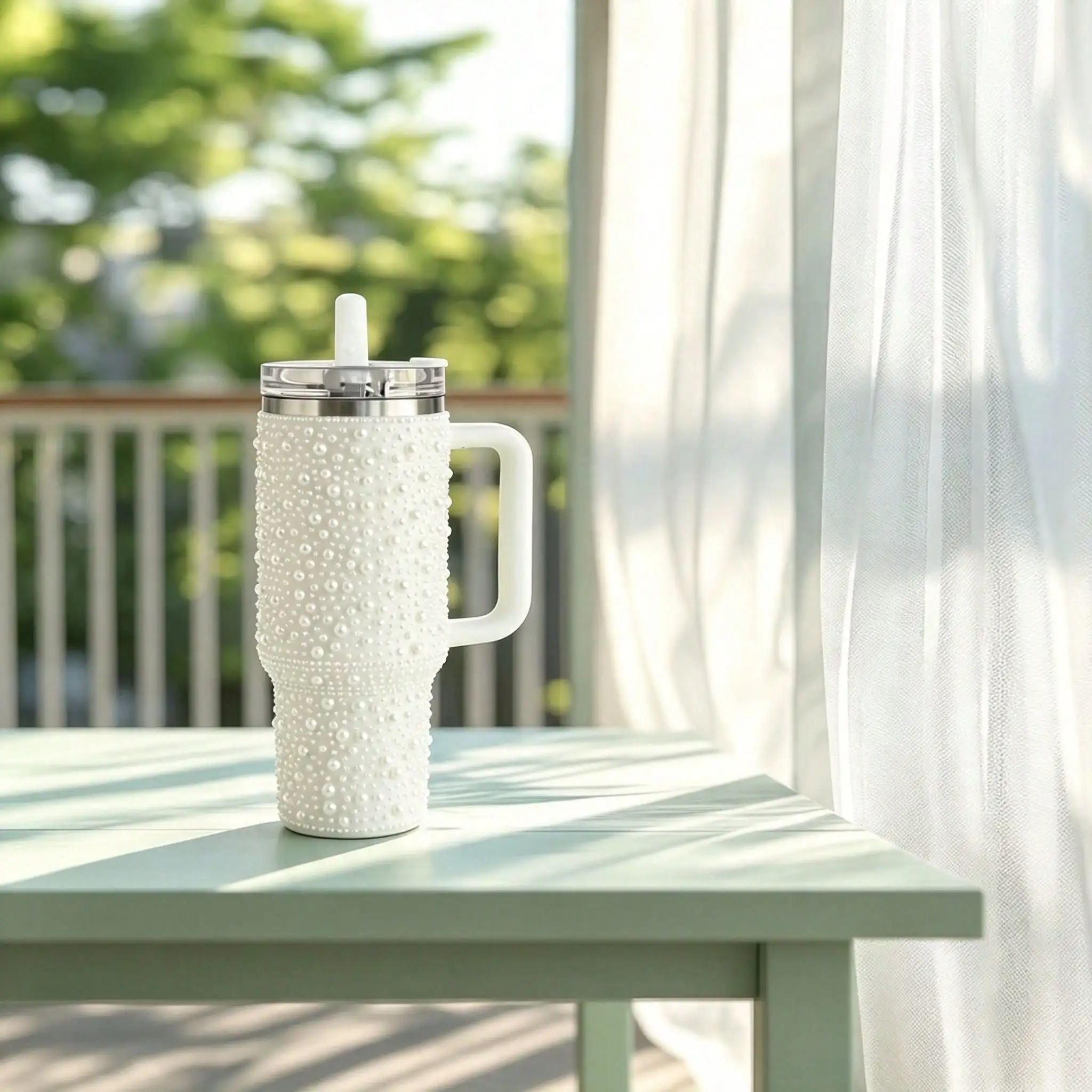 Full Pearl Studded Tumbler With Handle, Stainless Steel Vacuum Insulated Travel Mug Flip Lid & Straw, Elegant Iced Coffee Water Cup