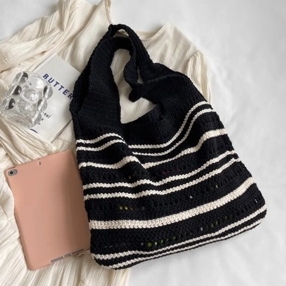 

Bohemian Knitted Tote Bag Striped Pattern Crochet Design Woven Shoulder Bag Large Capacity Eco-Friendly Hollow Out Beach Bag