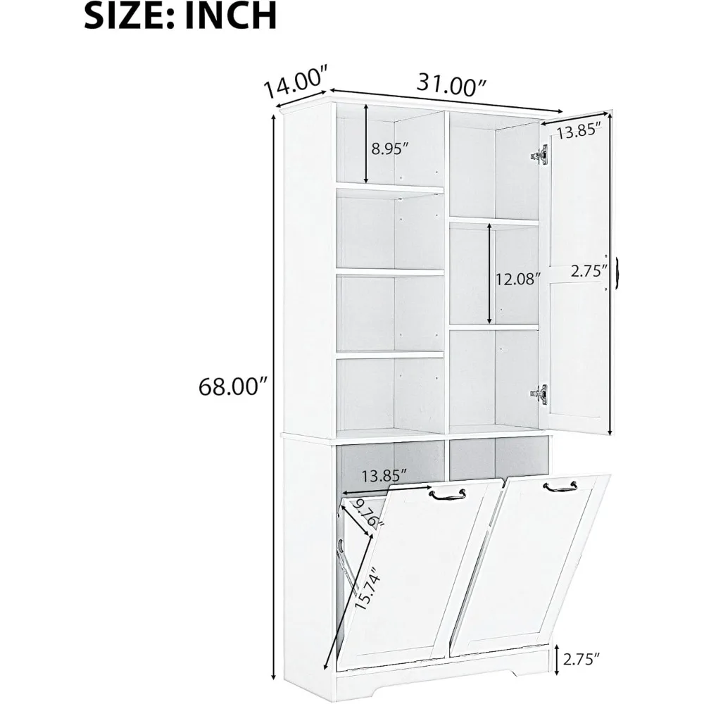 Tall Storage Cabinet, Bathroom Floor  Storage Cabinet with Doors, Adjustable Shelf, Drawers, and Tilt-Out Laundry Hamper