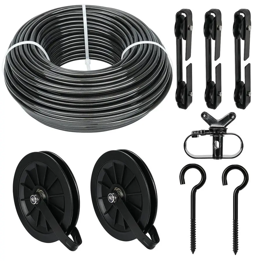 

Clothesline Kit, 150ft Black PVC Coated Galvanized Clothes Line Pulley Kit with 6.3 Clothesline Pulley, M8 Metal Hooks, 3Pcs Sep