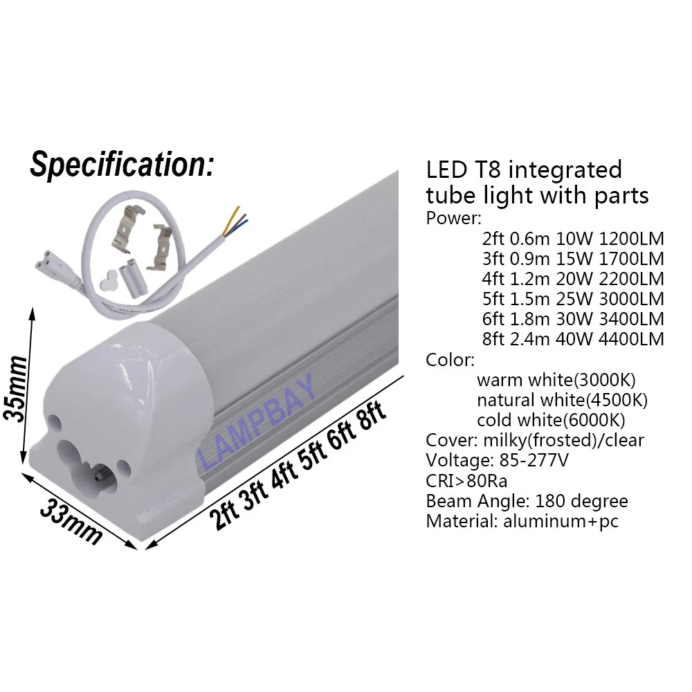T8 Integrated LED Tube Light 2/3/4/5/6/8 Ft Surface Mounted Lamp Fixture Linear Bar Lighting 0.6/0.9/1.2/1.5/1.8/2.4 m