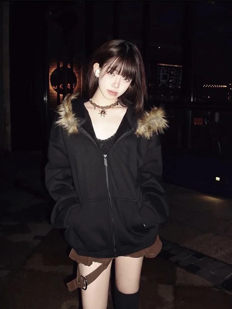 

Retro American Hooded Zipper Jaet Men's Oversize Thiened Trendy Brand High-End Feel Fur Collar Cardigan for Couples