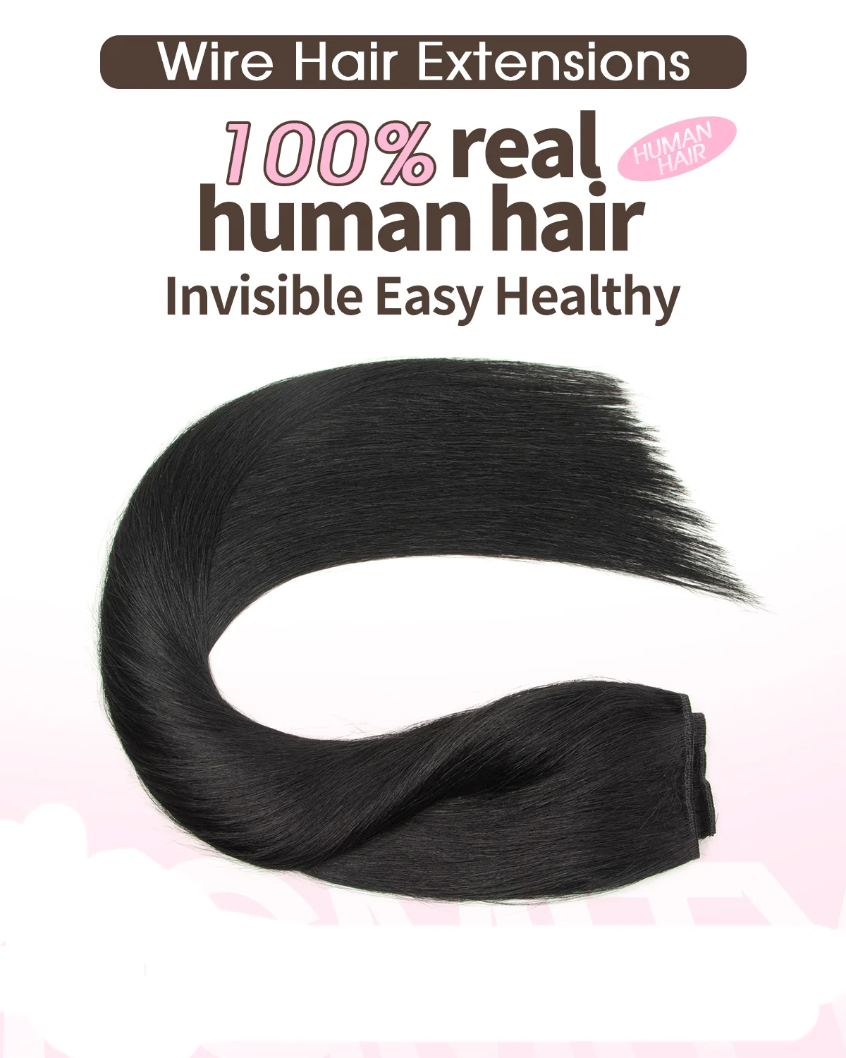Human Hair Invisible Wire Extensions with Transparent Headband 4 Clips Adjustable Size Secret Wire Hairpiece 12-24Inch for Women