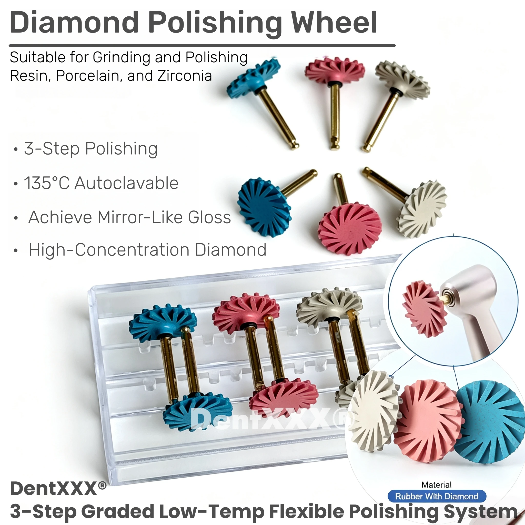 Buy 6 Get 2 Free Diamond Rubber Wheel Polishing Wheel Set 2.35mm Shank , for High-Brightness Polishing of Resin, Zirconia