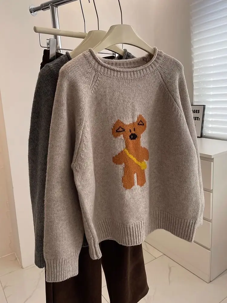 Cartoon Teddy Bear Jacquard Sweater For Women Spring Autumn Winter Loose Pullover Knitted Long Sleeves O-Neck Jumper Knitwear