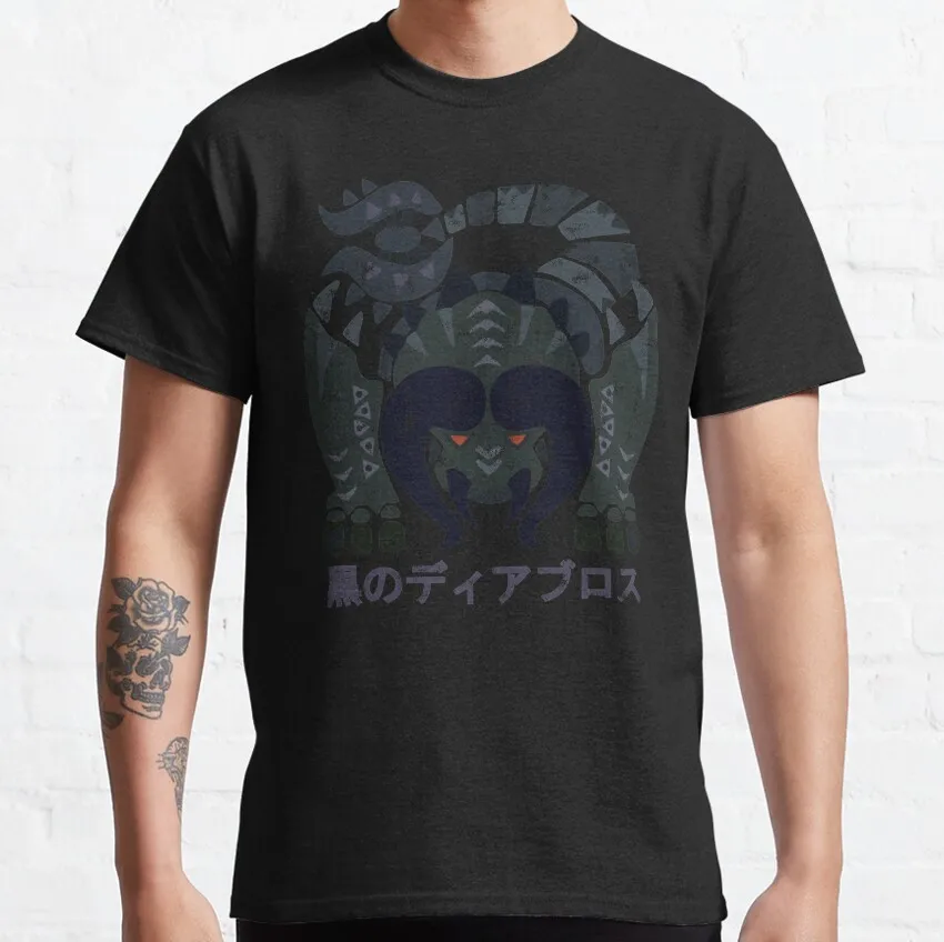 

Retro Monster hunter world Diablos Kanji gift t shirt for men Cartoon Video game MHW Graphic Tee Y2K Clothes All size tops
