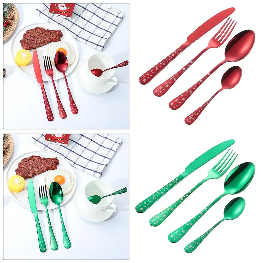 Foldable Kitchen Case Box Stainless Steel Utensils Chopsticks Fork Spoon Flatware Snowflake Printing Christmas Dinnerware Sets