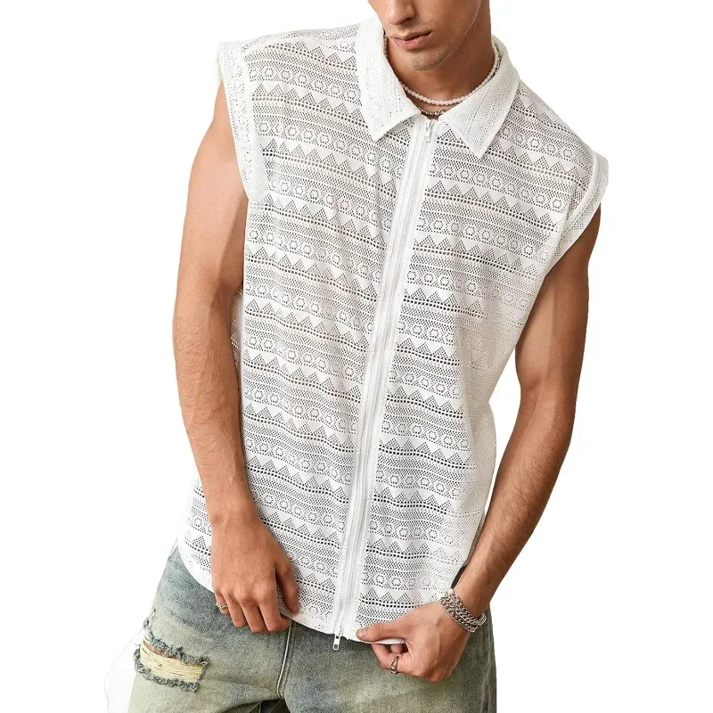 New Men's Shirts Zippered Sleeveless Transparent Comfortable and Casual Shirt Top for Men