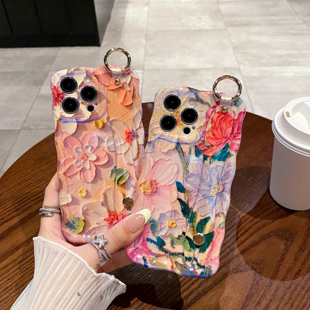 Luxury Laser Painting Flowers Wrist Strap Phone Case For Iphone 11 12 13 14 15 Pro Max 16 Plus Shockproof Hand Band Soft Cover